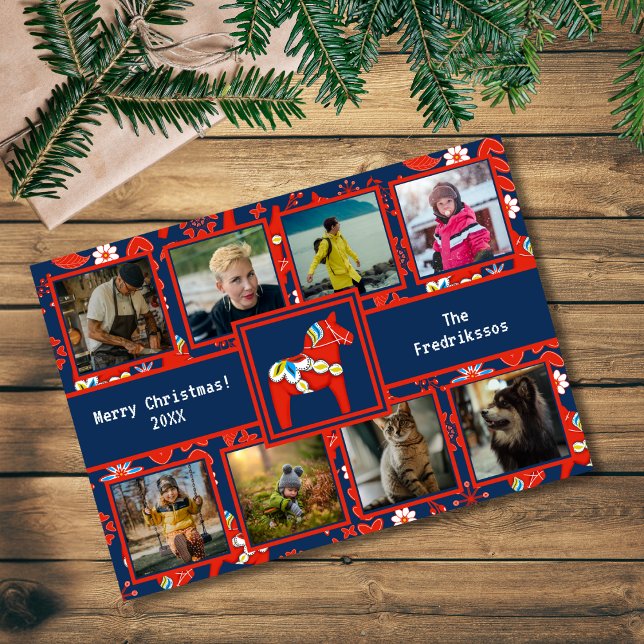 Folk Art Red Swedish Dala Horse Pattern 8 Photo Holiday Card (Creator Uploaded)