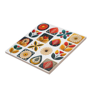 Folk Art Retro Floral Mosaic Accent Tile