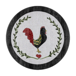 Folk Art Rooster and Heart Garland Cutting Board