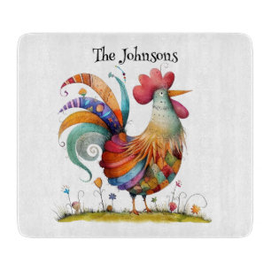 Folk Art Rooster Colorful Farmhouse Kitchen Decor Cutting Board