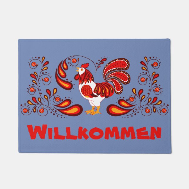 Folk art rooster Welcome/Willkommen Doormat (Front)