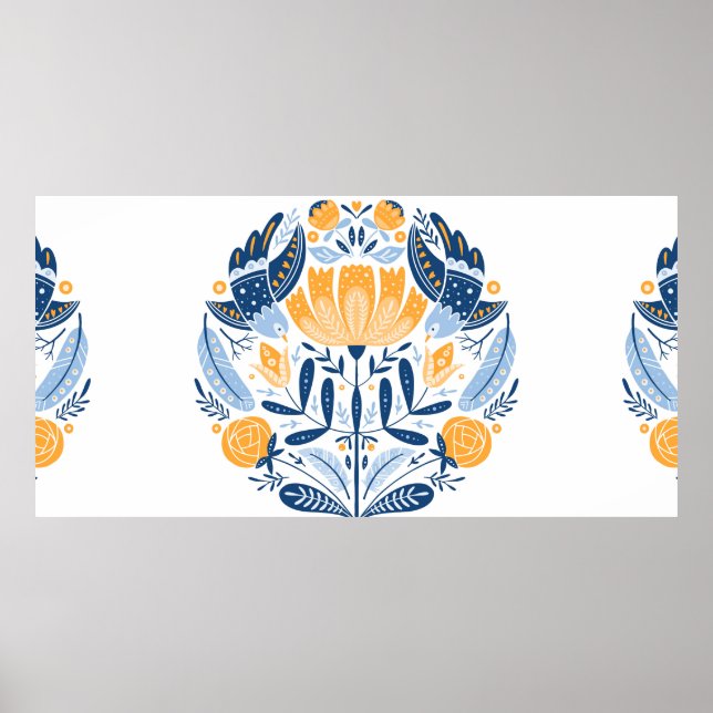 Folk art round ornament with birds,roses,and flowe poster (Front)