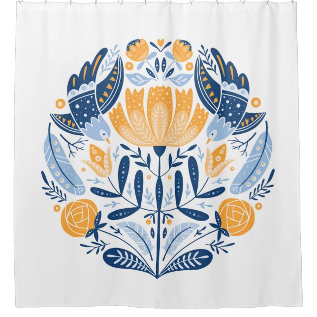 Folk art round ornament with birds,roses,and flowe shower curtain (Front)