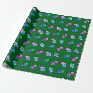 Folk Art Sacred Heart Green Wrapping Paper