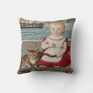 Folk Art Sampler Scene Child With Cat Cushion