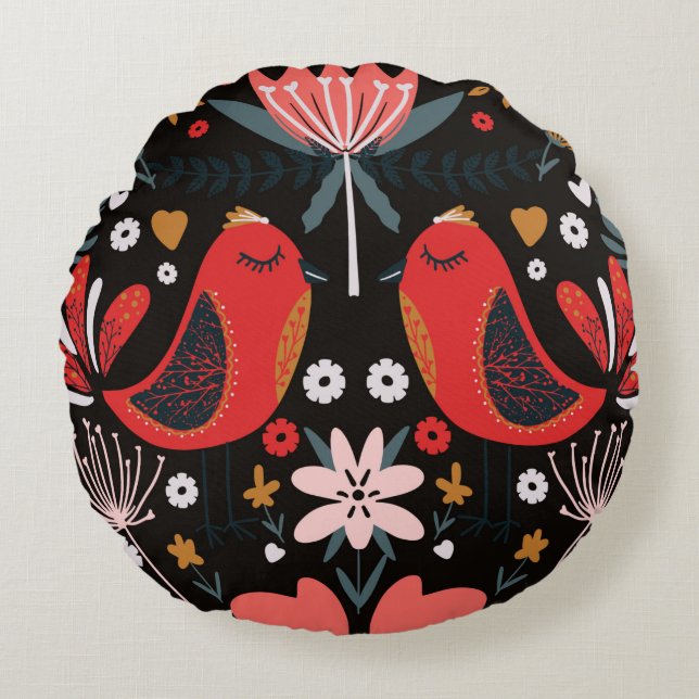 folk art scandinavian colourful pattern with flora round cushion (Front)