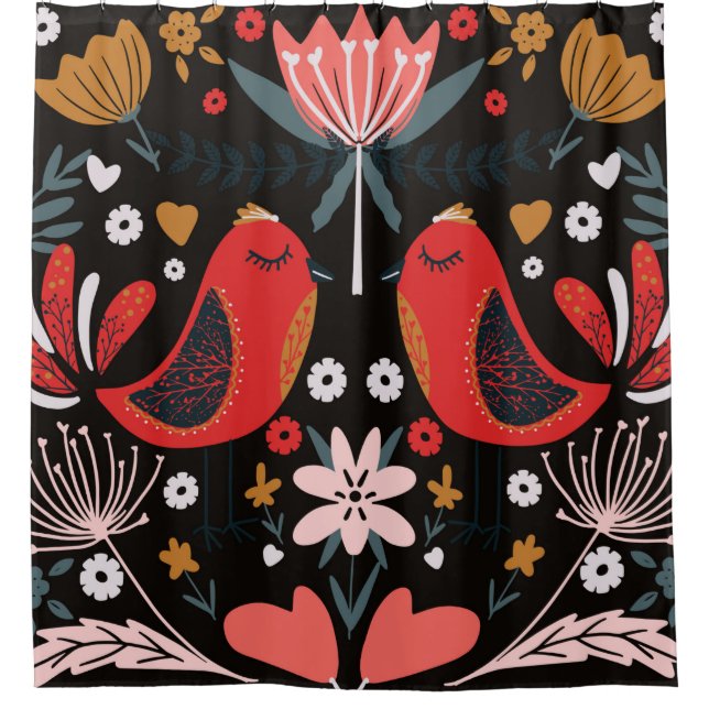 folk art scandinavian colourful pattern with flora shower curtain (Front)