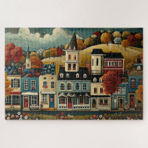 Folk Art Small Town Street in Autumn