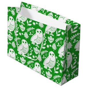 Folk Art Snow Owl Green Large Gift Bag