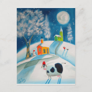 FOLK ART SNOW SCENE COW MOON POSTCARD