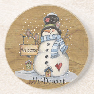Folk Art Snowman on Old Newspaper Coaster