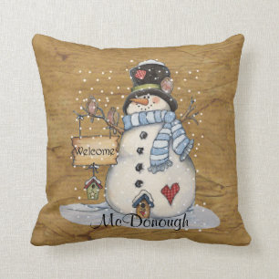 Folk Art Snowman on Old Newspaper Cushion