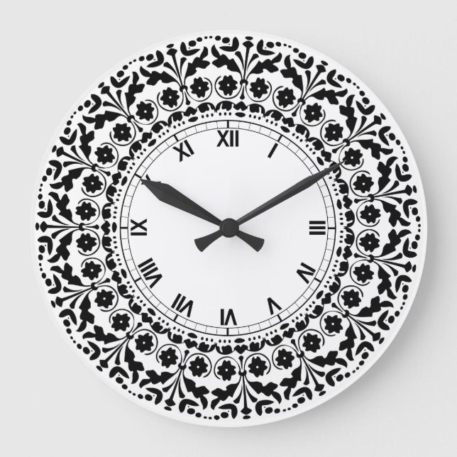 Folk Art Style Black and White Country Kitchen Large Clock (Front)
