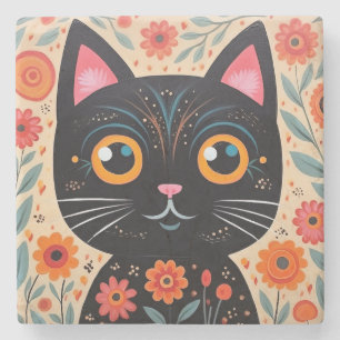 Folk Art Style Black Cat Stone Coaster