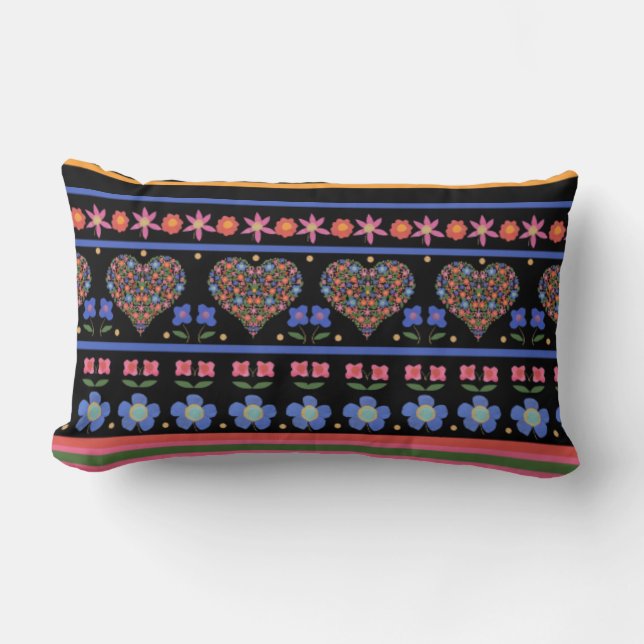 Folk Art Style Border Lumbar Pillow or Cushion (Front)