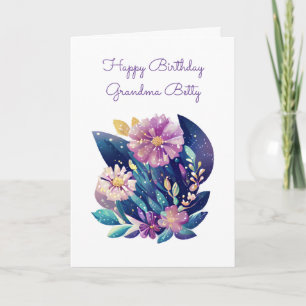 Folk Art Style Cat and Flowers Grandma's Birthday Card