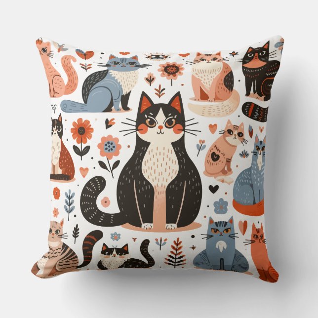 Folk art style cats throw pillow (Front)