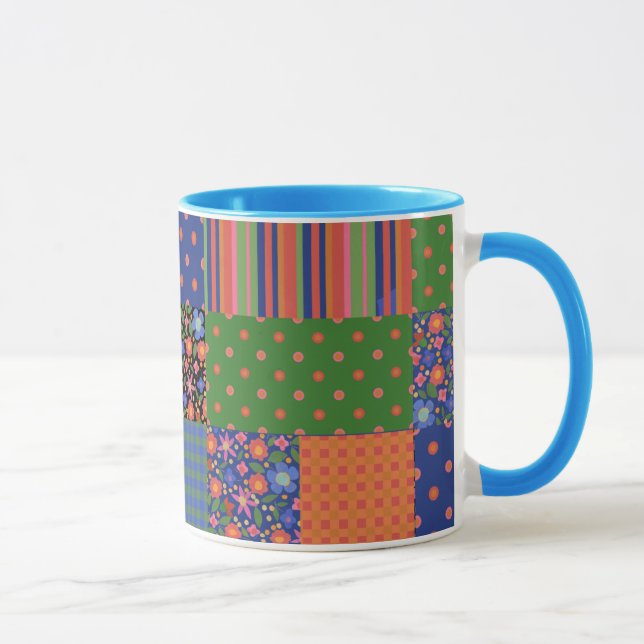 Folk Art Style Faux Patchwork Ringer Coffee Mug (Right)