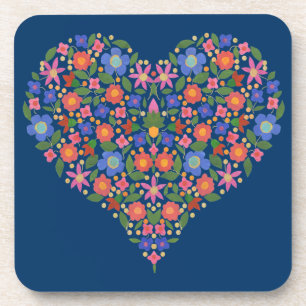 Folk Art Style Floral Heart, Blue Set of Coasters