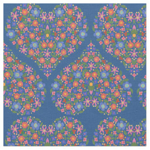 Folk Art Style Floral Heart on Blue Custom Fabric