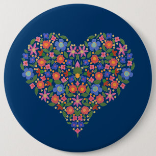 Folk Art Style Floral Heart on Blue Round Button