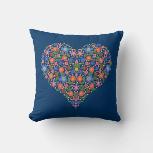 Folk Art Style Floral Heart on Moody Blue Pillow
