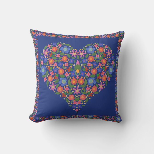 Folk Art Style Floral Heart on Royal Blue Pillow (Front)