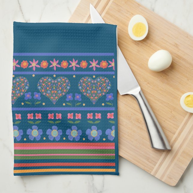 Folk Art Style Floral Hearts Border Kitchen Towel (Quarter Fold)