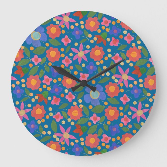 Folk Art Style Floral on Blue Acrylic Wall Clock (Front)