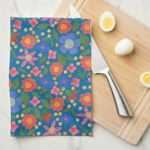 Folk Art Style Floral on Blue Kitchen Towel