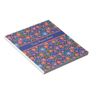 Folk Art Style Floral on Blue Notepad or Jotter