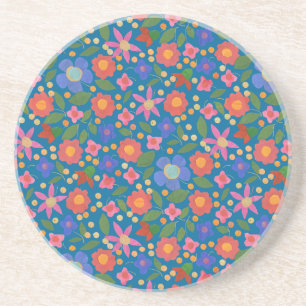 Folk Art Style Floral on Blue Sandstone Coaster