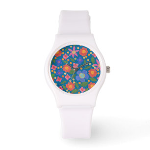 Folk Art Style Floral on Blue Sporty Wristwatch