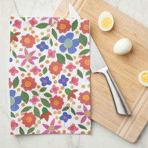 Folk Art Style Floral on White Kitchen Towel