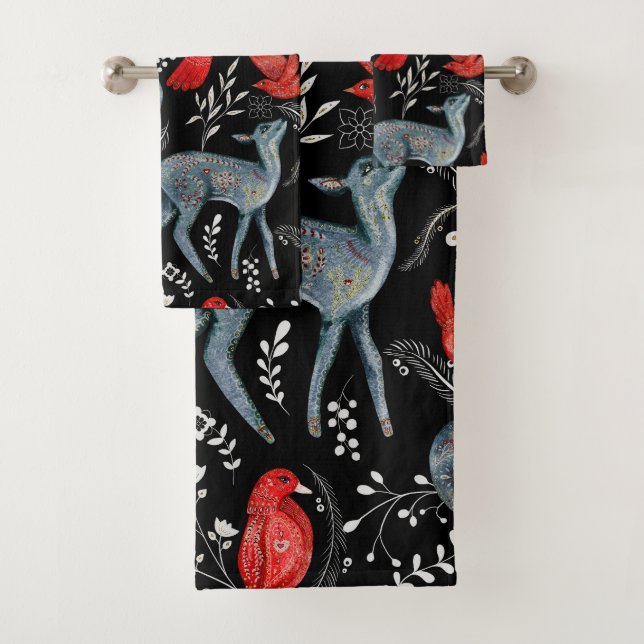 Folk-art style floral  pattern designs bath towel set (Insitu)