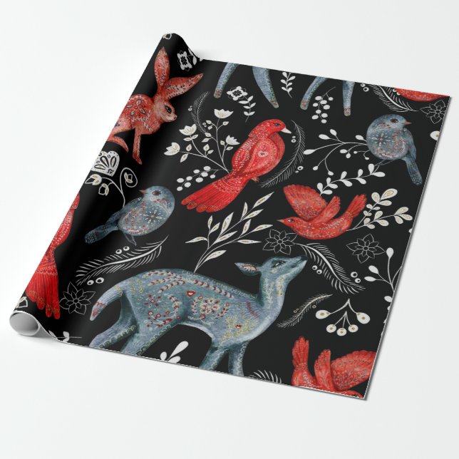 Folk-art style floral  pattern designs wrapping paper (Unrolled)