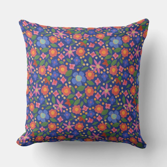Folk Art Style Floral Pattern on Royal Blue Cushion (Front)