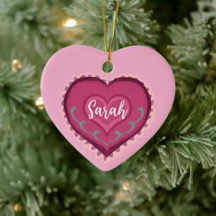 Folk Art style pink heart decorated Ornament