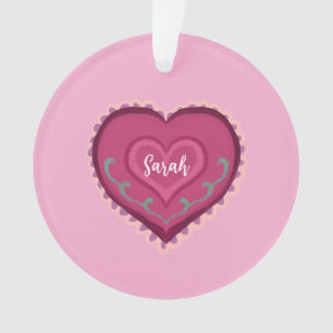 Folk Art style pink heart decorated Ornament