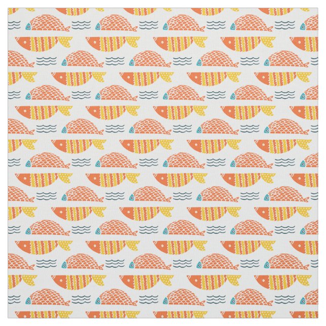 Folk Art Swimming Fish Pattern Fabric (Swatch)
