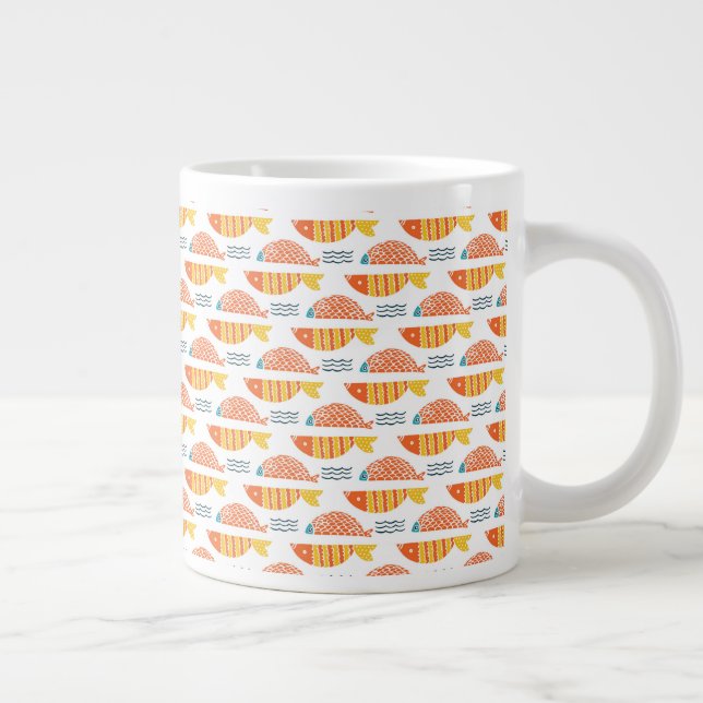 Folk Art Swimming Fish Pattern Large Coffee Mug (Right)