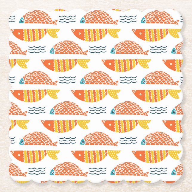 Folk Art Swimming Fish Pattern Paper Coaster (Front)