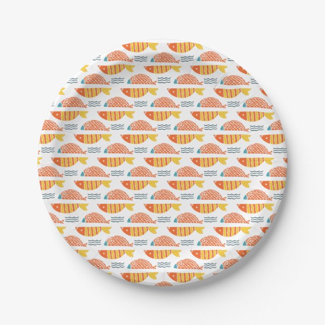 Folk Art Swimming Fish Pattern Paper Plate (Front)