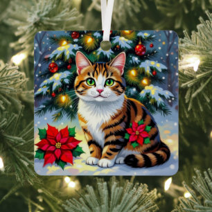 Folk Art Tabby Cat and Custom Message Christmas Metal Tree Decoration