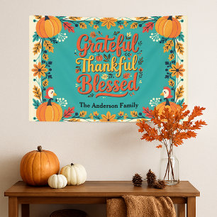 Folk Art Teal Autumn Pumpkin Family Thanksgiving Banner