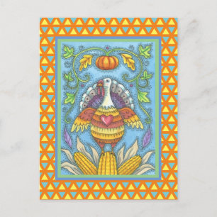 FOLK ART TURKEY, COLORS OF THANKSGIVING SEASONAL POSTCARD