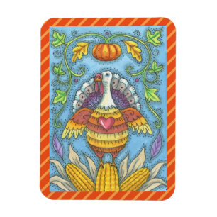 FOLK ART TURKEY & CORN THANKSGIVING MAGNET Holiday