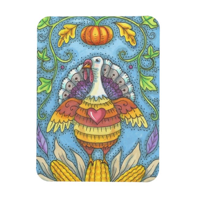 FOLK ART TURKEY & CORN THANKSGIVING MAGNET Holiday (Vertical)