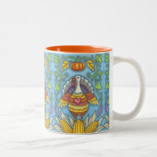 FOLK ART TURKEY & CORN THANKSGIVING TWO TONE MUG