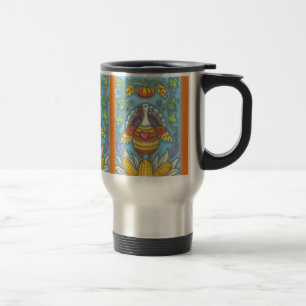 FOLK ART TURKEY, THANKSGIVING COMMUTER TRAVEL MUG